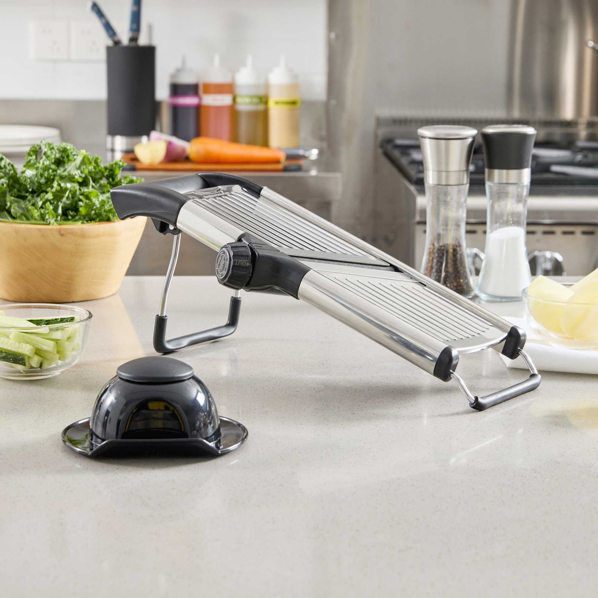 German Standard Stainless Steel Heavy-Duty Adjustable Mandoline Slicer - Cut-Resistant Gloves, Cleaning Brush, Blade Guard - 1 count box