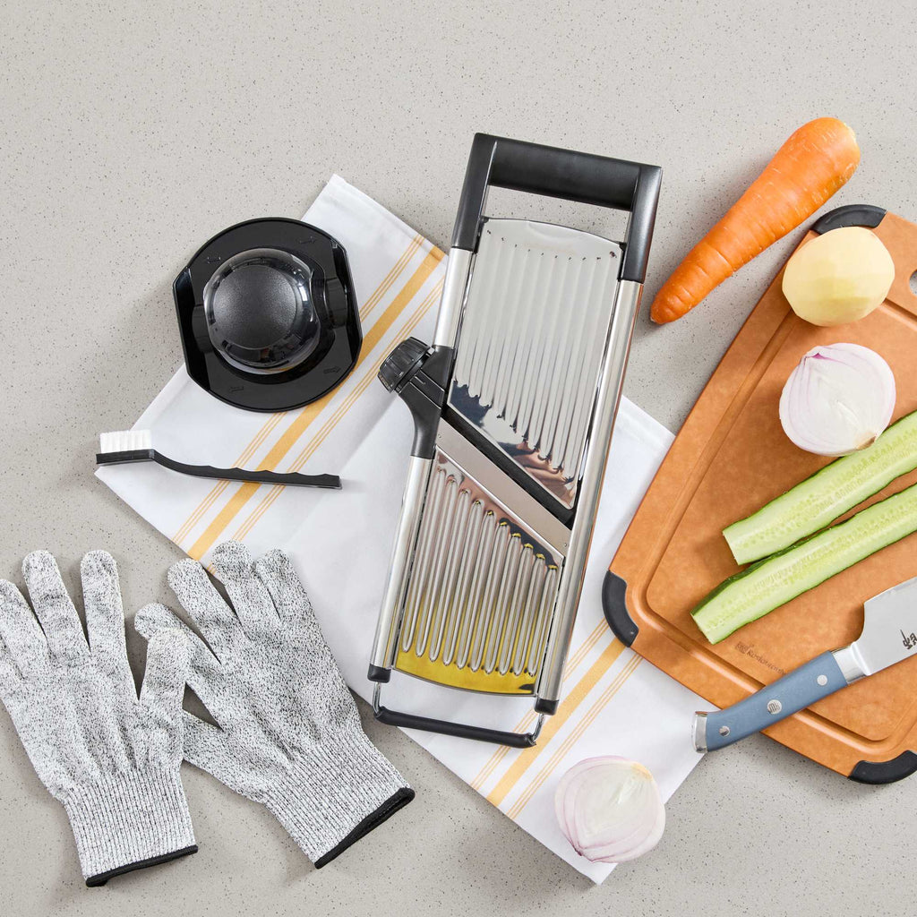 German Standard Stainless Steel Heavy-Duty Adjustable Mandoline Slicer - Cut-Resistant Gloves, Cleaning Brush, Blade Guard - 1 count box