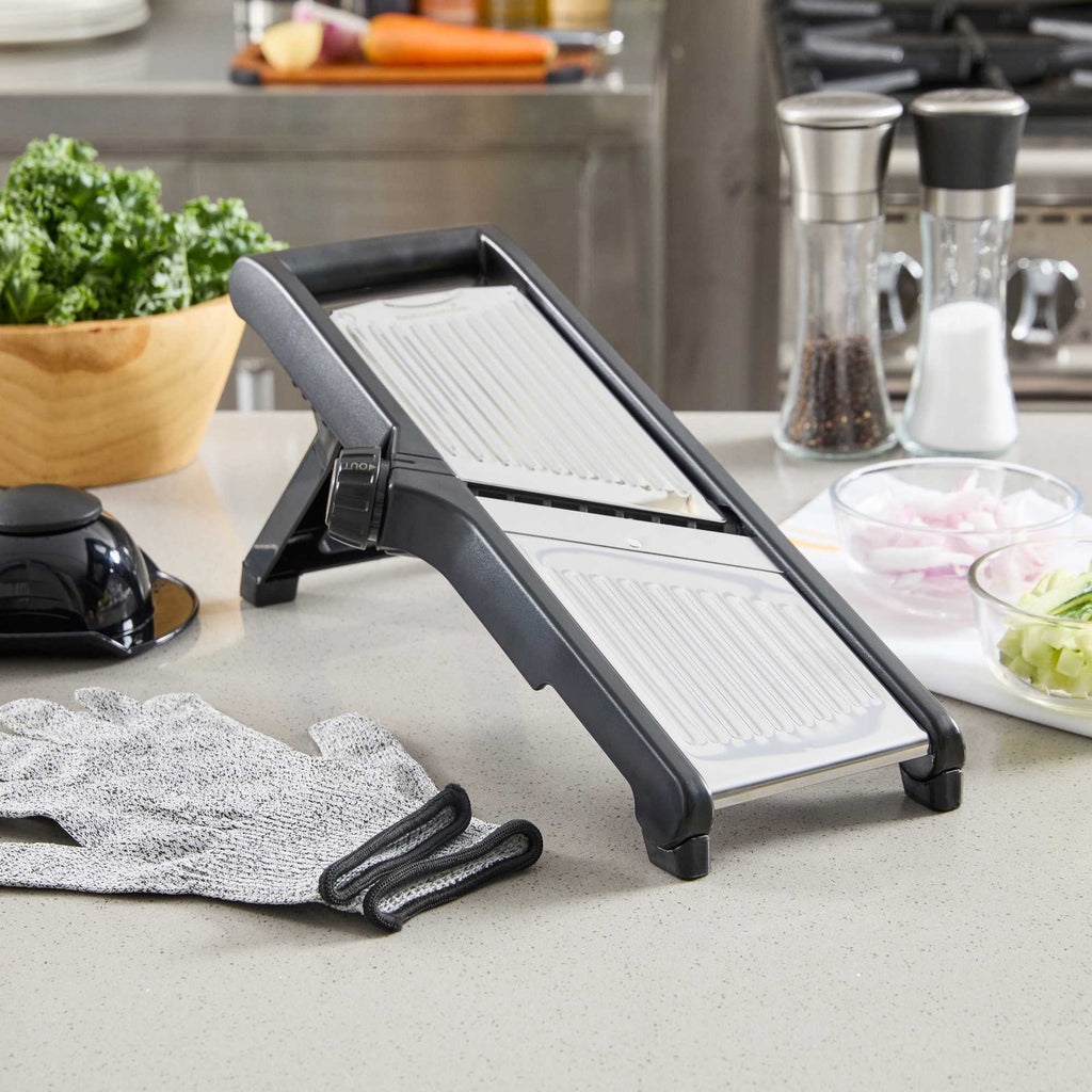 German Standard Stainless Steel Adjustable Mandoline Slicer - Cut-Resistant Gloves, Cleaning Brush, Blade Guard - 1 count box