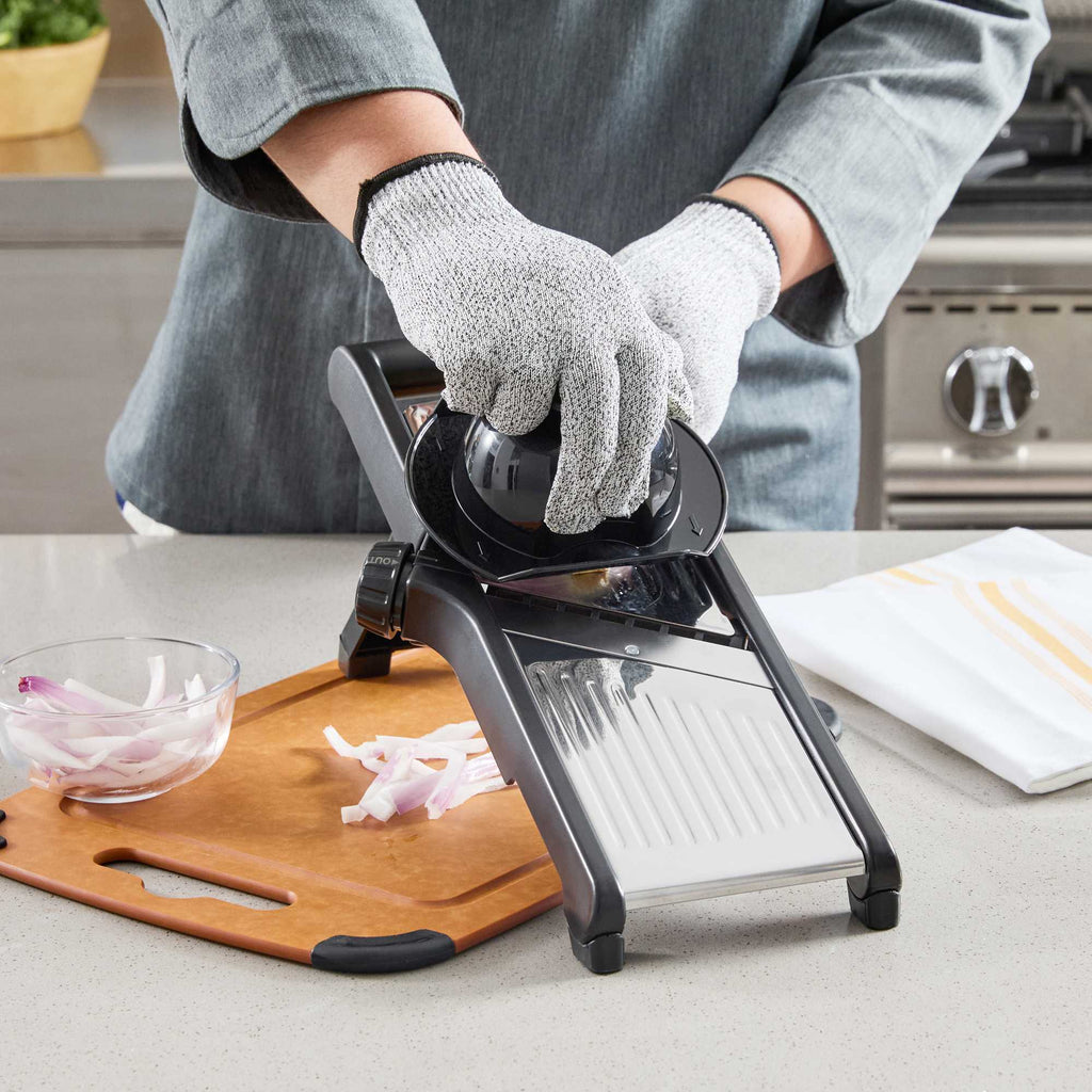 German Standard Stainless Steel Adjustable Mandoline Slicer - Cut-Resistant Gloves, Cleaning Brush, Blade Guard - 1 count box