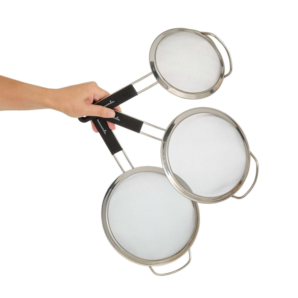 Comfy Grip 3-Piece Round Stainless Steel Extra Fine Mesh Strainer Set - with Silicone Handle - 1 count box