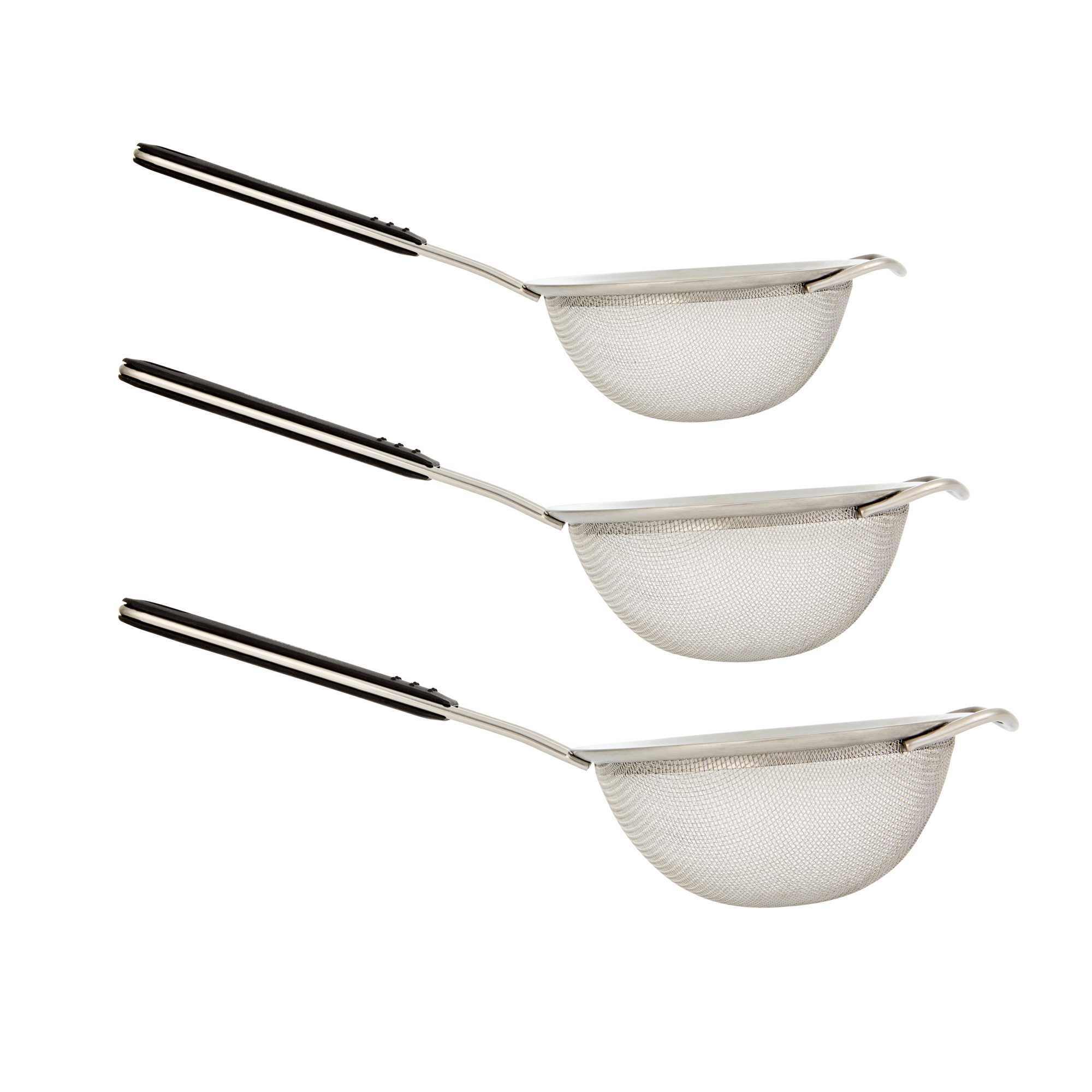 Comfy Grip 3-Piece Round Stainless Steel Extra Fine Mesh Strainer Set - with Silicone Handle - 1 count box
