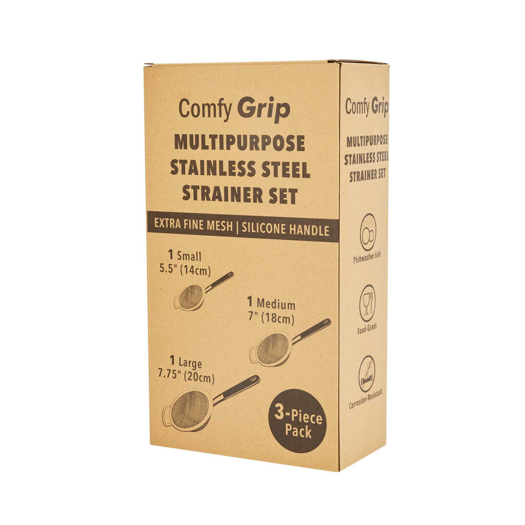 Comfy Grip 3-Piece Round Stainless Steel Extra Fine Mesh Strainer Set - with Silicone Handle - 1 count box