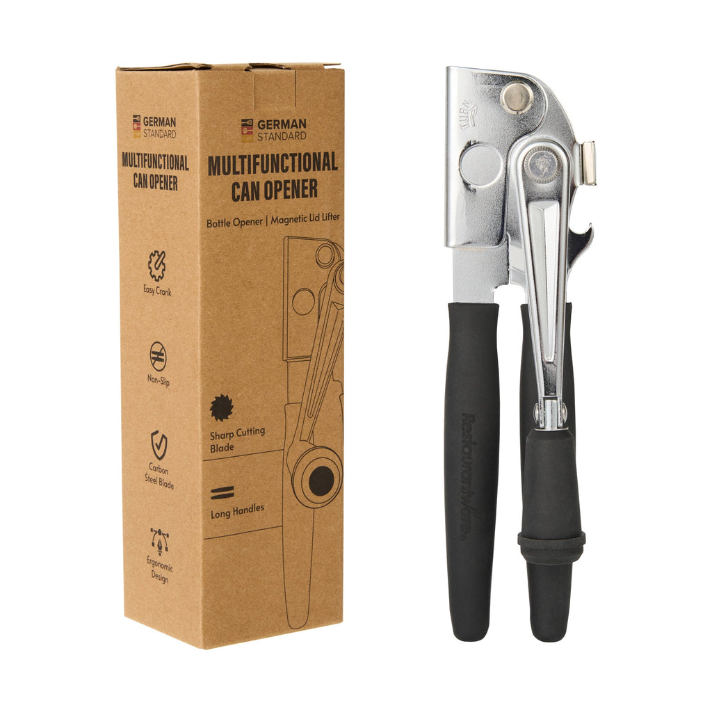 German Standard Black Carbon Steel Handheld Crank Can Opener - Magnetic Lid Lifter, Long Handles - 8 3/4" x 2 1/4" x 3 1/2" - 1 count box