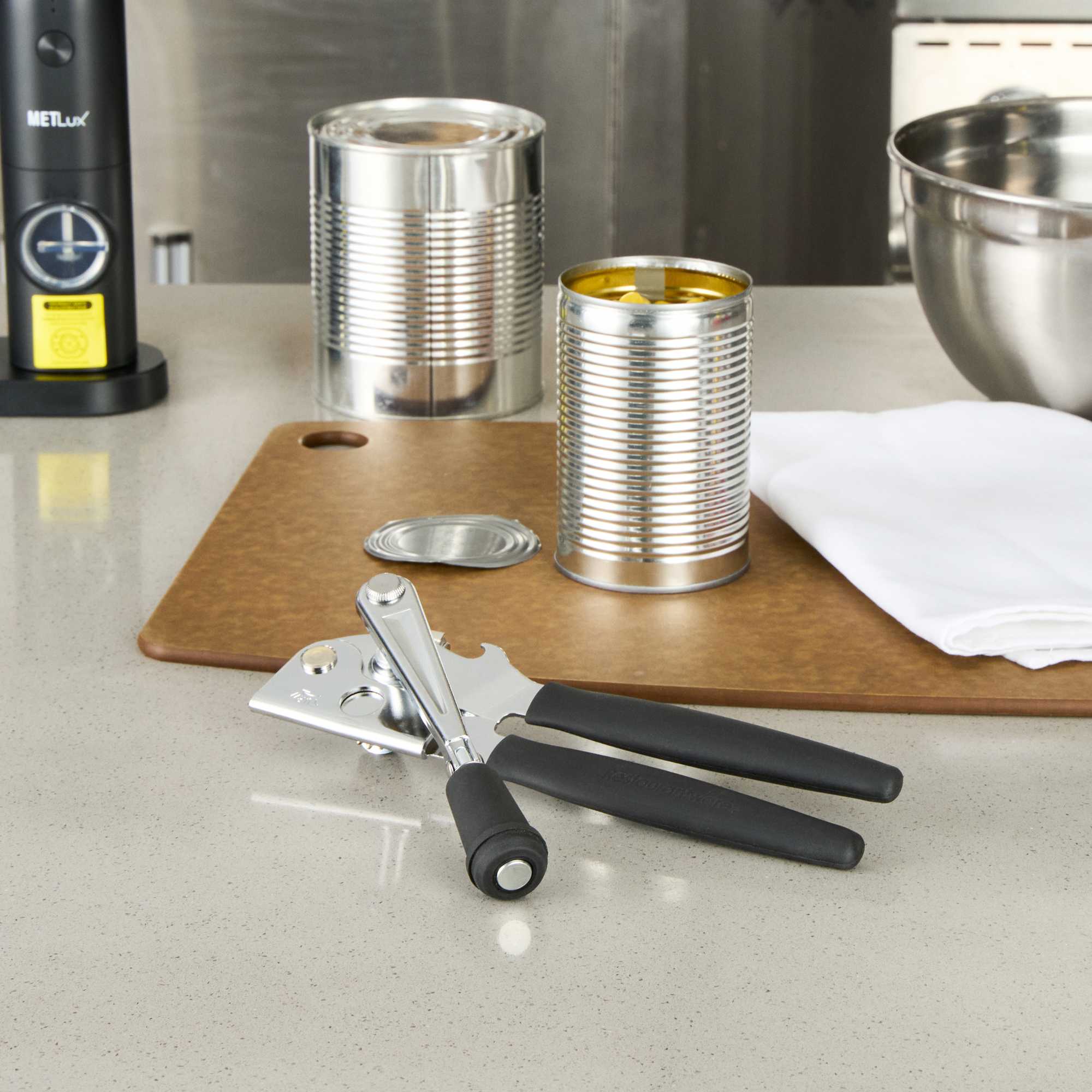 German Standard Black Stainless Steel Handheld Crank Can Opener - Magnetic Lid Lifter, Long Handles - 8 3/4" x 2 1/4" x 3 1/2" - 6 count box