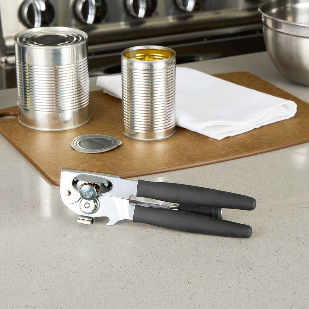 German Standard Black Stainless Steel Handheld Crank Can Opener - Magnetic Lid Lifter, Long Handles - 8 3/4" x 2 1/4" x 3 1/2" - 6 count box