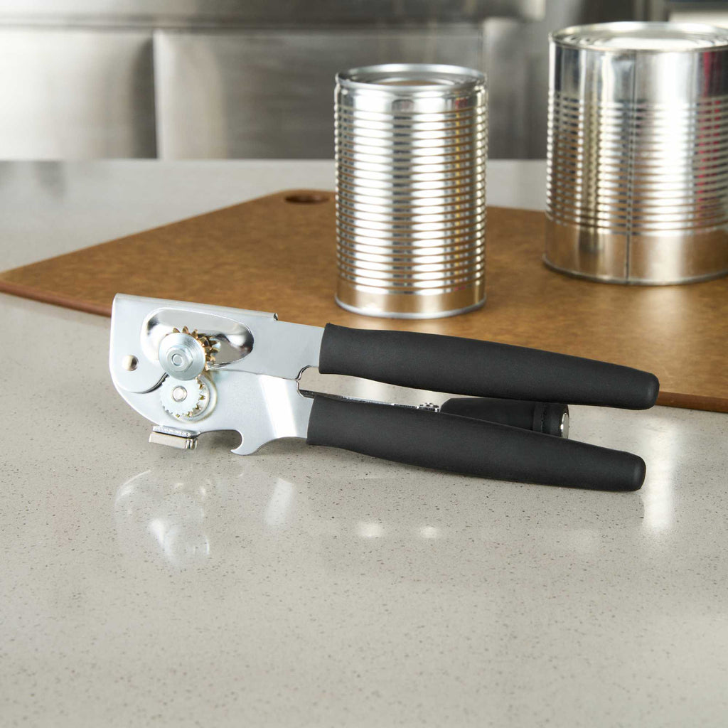 German Standard Black Stainless Steel Handheld Crank Can Opener - Magnetic Lid Lifter, Long Handles - 8 3/4" x 2 1/4" x 3 1/2" - 6 count box