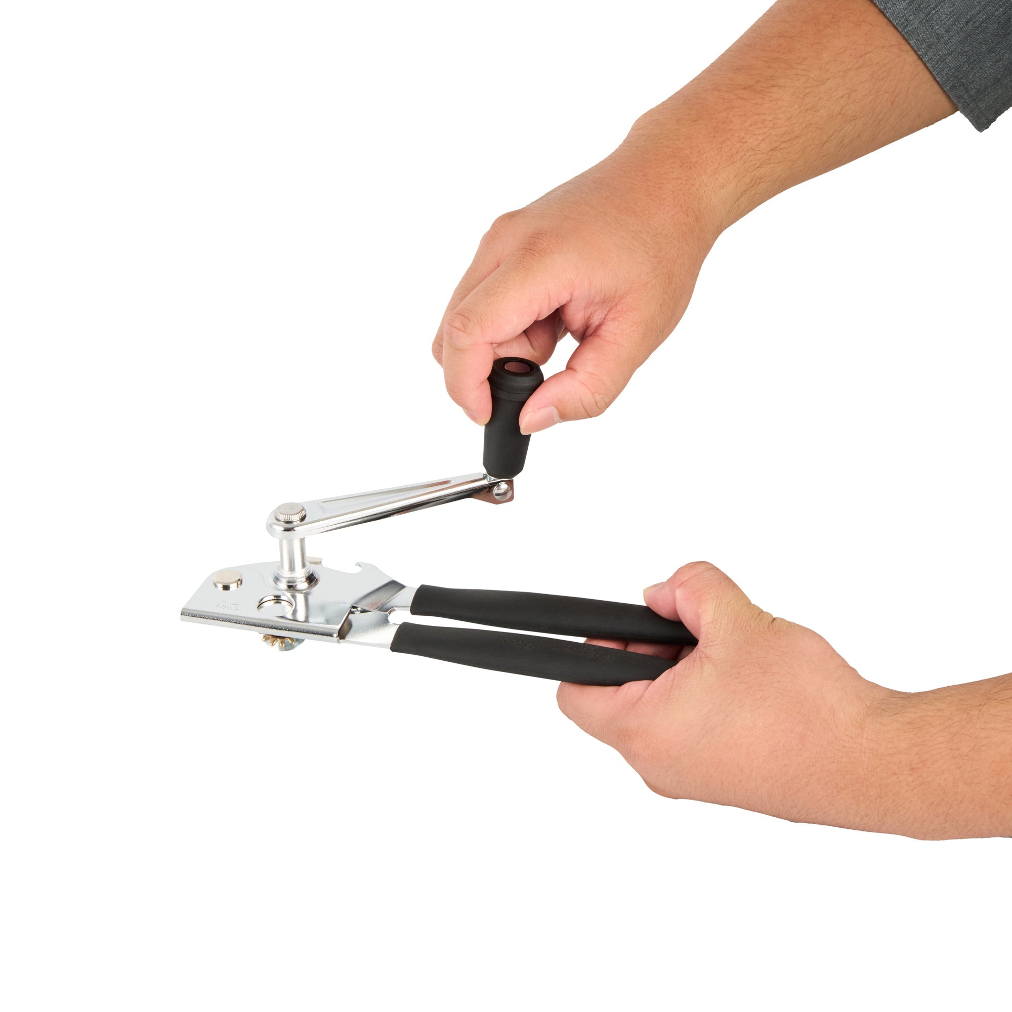 German Standard Black Carbon Steel Handheld Crank Can Opener - Magnetic Lid Lifter, Long Handles - 8 3/4" x 2 1/4" x 3 1/2" - 1 count box
