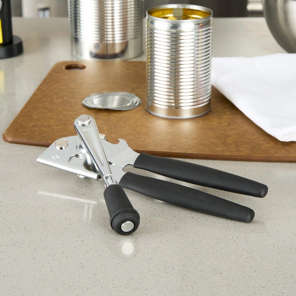 German Standard Black Carbon Steel Handheld Crank Can Opener - Magnetic Lid Lifter, Long Handles - 8 3/4" x 2 1/4" x 3 1/2" - 1 count box