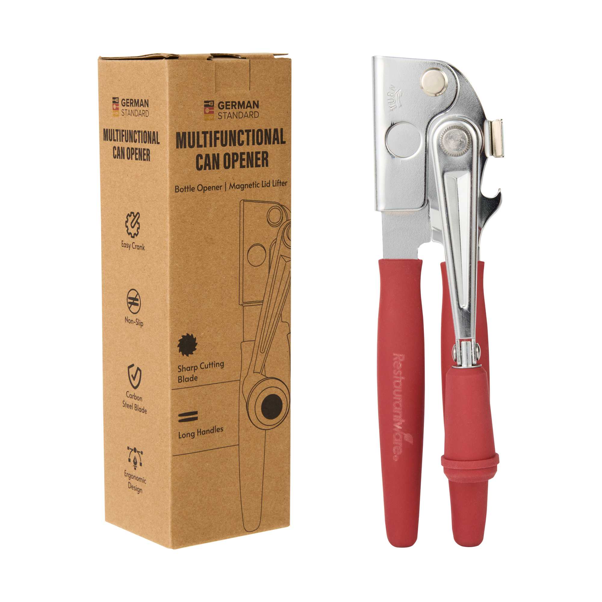 German Standard Red Stainless Steel Handheld Crank Can Opener - Magnetic Lid Lifter, Long Handles - 8 3/4" x 2 1/4" x 3 1/2" - 36 count box