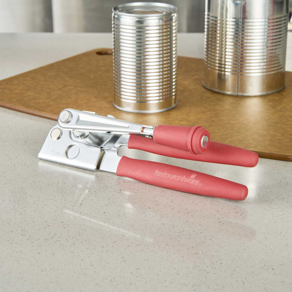 German Standard Red Stainless Steel Handheld Crank Can Opener - Magnetic Lid Lifter, Long Handles - 8 3/4" x 2 1/4" x 3 1/2" - 36 count box