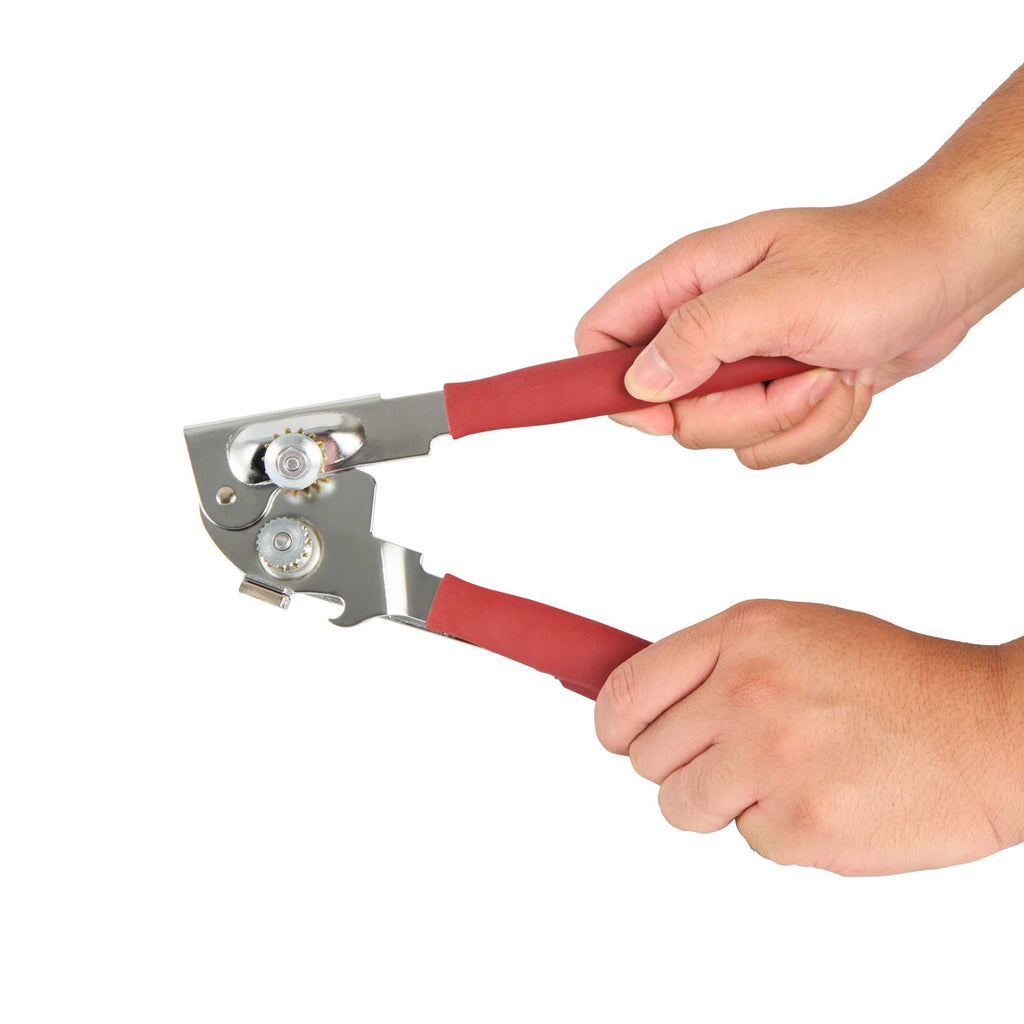 German Standard Red Stainless Steel Handheld Crank Can Opener - Magnetic Lid Lifter, Long Handles - 8 3/4" x 2 1/4" x 3 1/2" - 36 count box