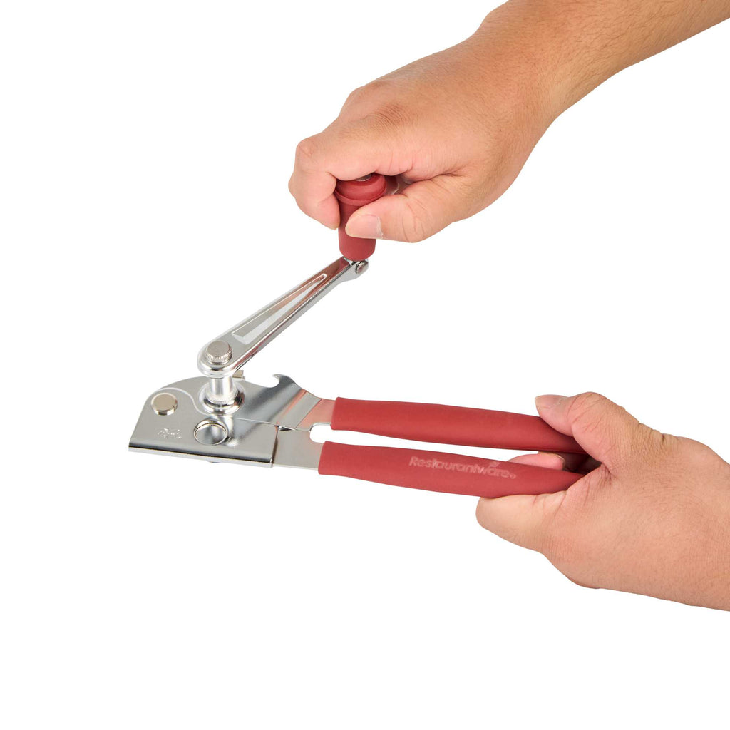 German Standard Red Stainless Steel Handheld Crank Can Opener - Magnetic Lid Lifter, Long Handles - 8 3/4" x 2 1/4" x 3 1/2" - 36 count box