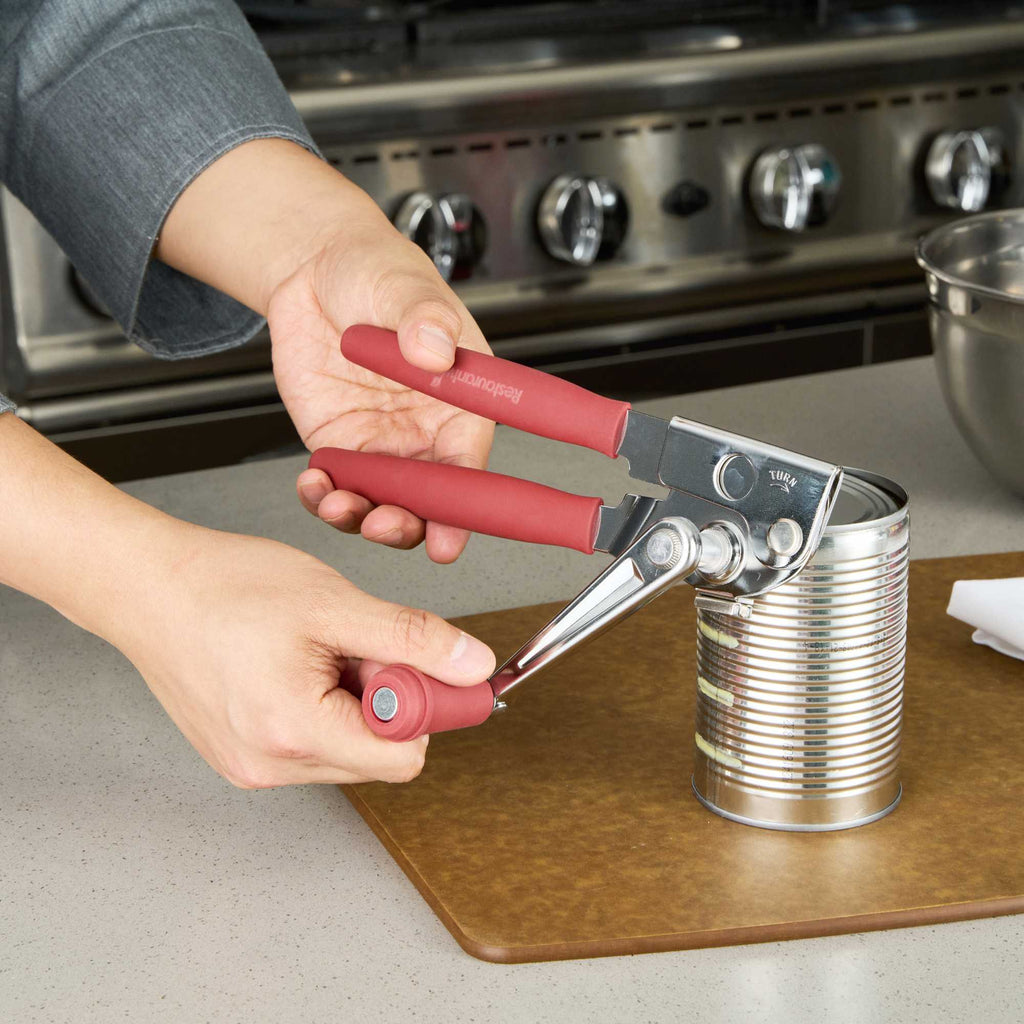 German Standard Red Stainless Steel Handheld Crank Can Opener - Magnetic Lid Lifter, Long Handles - 8 3/4" x 2 1/4" x 3 1/2" - 36 count box