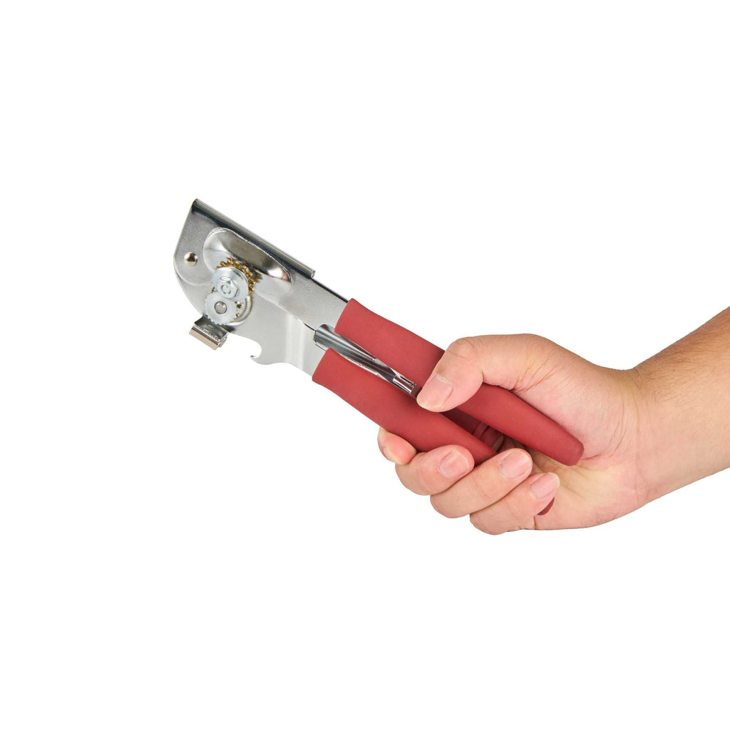 German Standard Red Stainless Steel Handheld Crank Can Opener - Magnetic Lid Lifter, Long Handles - 8 3/4" x 2 1/4" x 3 1/2" - 6 count box