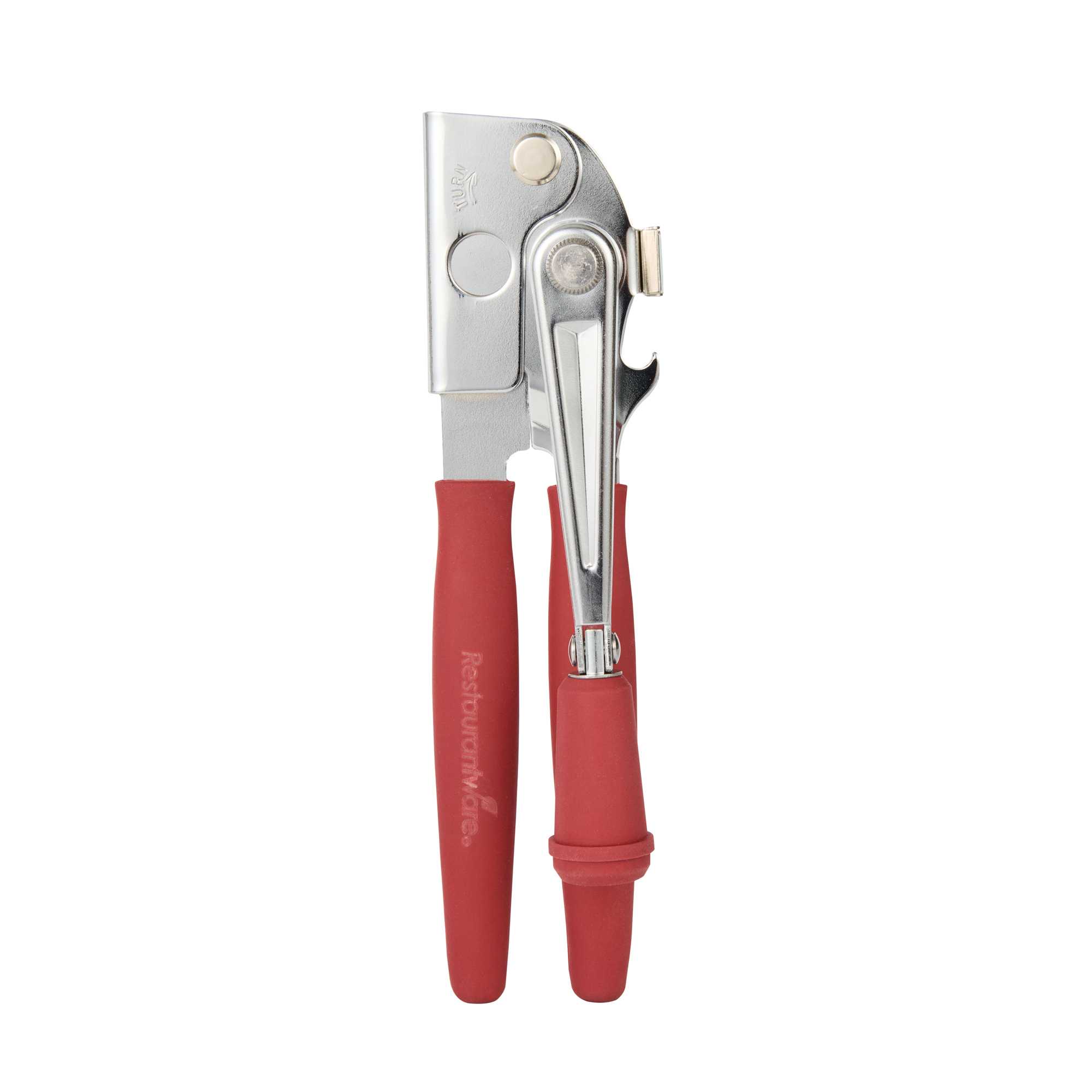 German Standard Red Stainless Steel Handheld Crank Can Opener - Magnetic Lid Lifter, Long Handles - 8 3/4" x 2 1/4" x 3 1/2" - 6 count box