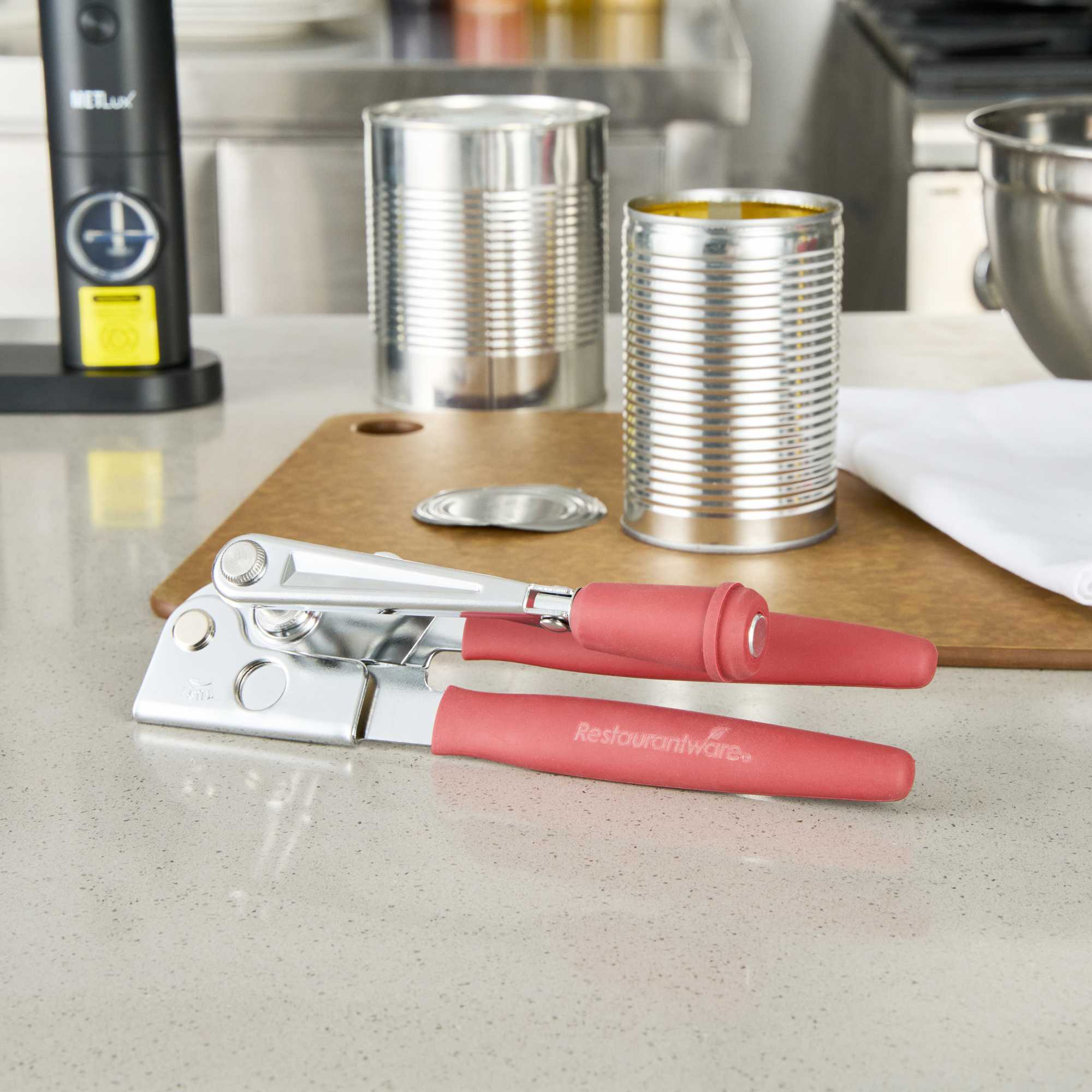 German Standard Red Stainless Steel Handheld Crank Can Opener - Magnetic Lid Lifter, Long Handles - 8 3/4" x 2 1/4" x 3 1/2" - 6 count box