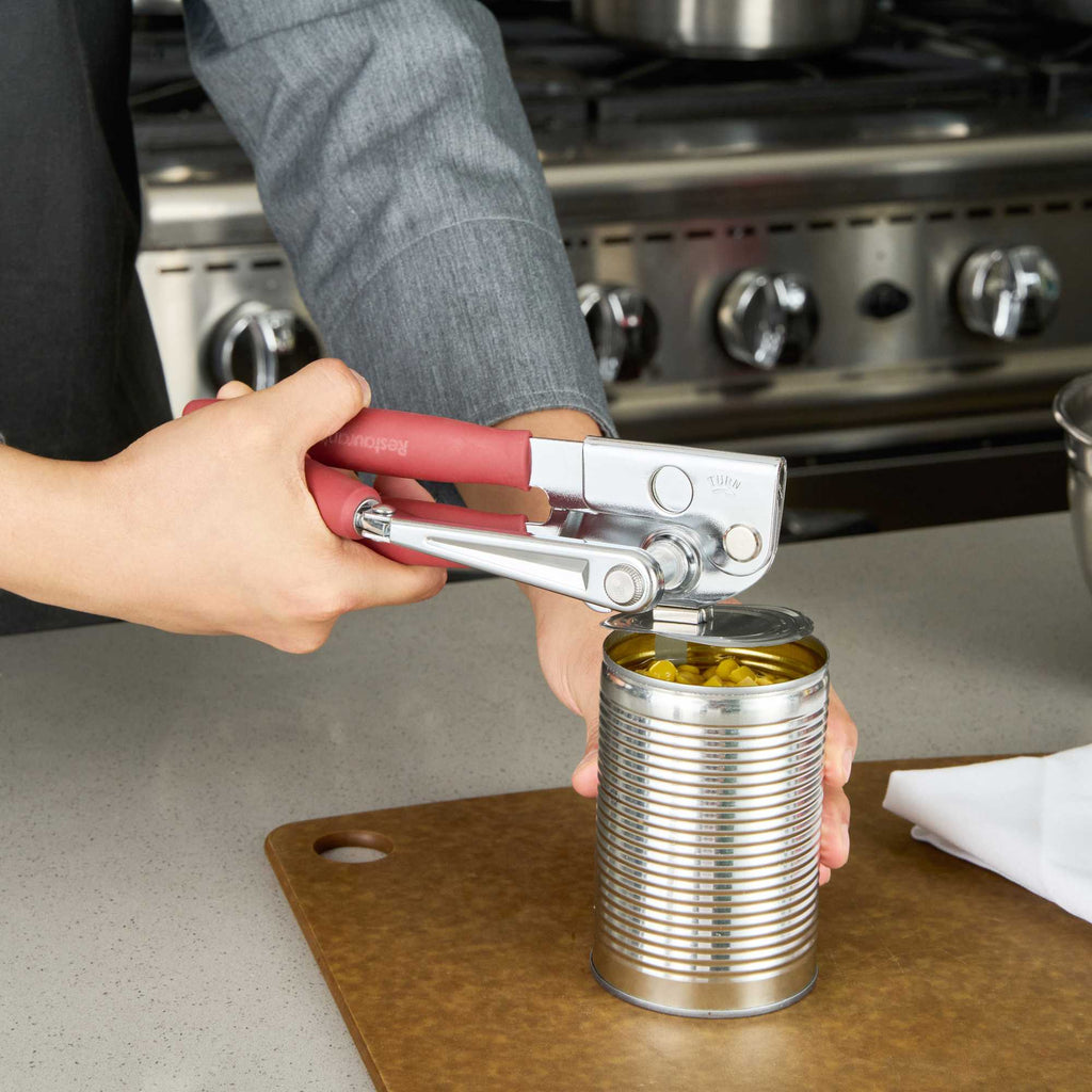 German Standard Red Stainless Steel Handheld Crank Can Opener - Magnetic Lid Lifter, Long Handles - 8 3/4" x 2 1/4" x 3 1/2" - 6 count box