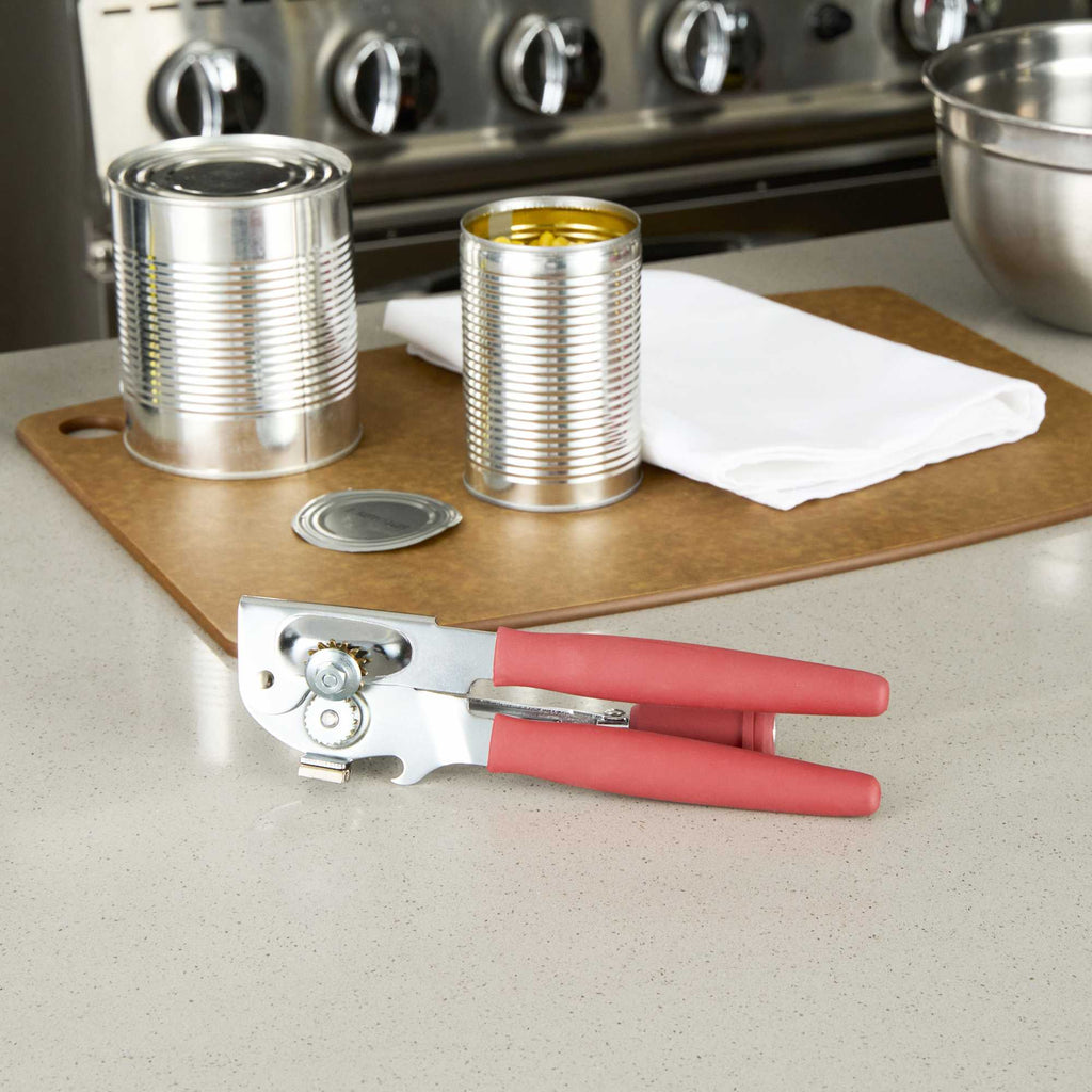 German Standard Red Stainless Steel Handheld Crank Can Opener - Magnetic Lid Lifter, Long Handles - 8 3/4" x 2 1/4" x 3 1/2" - 6 count box