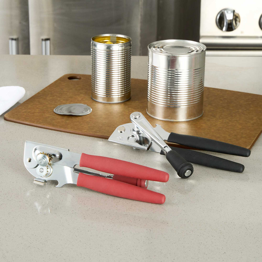 German Standard Red Stainless Steel Handheld Crank Can Opener - Magnetic Lid Lifter, Long Handles - 8 3/4" x 2 1/4" x 3 1/2" - 6 count box