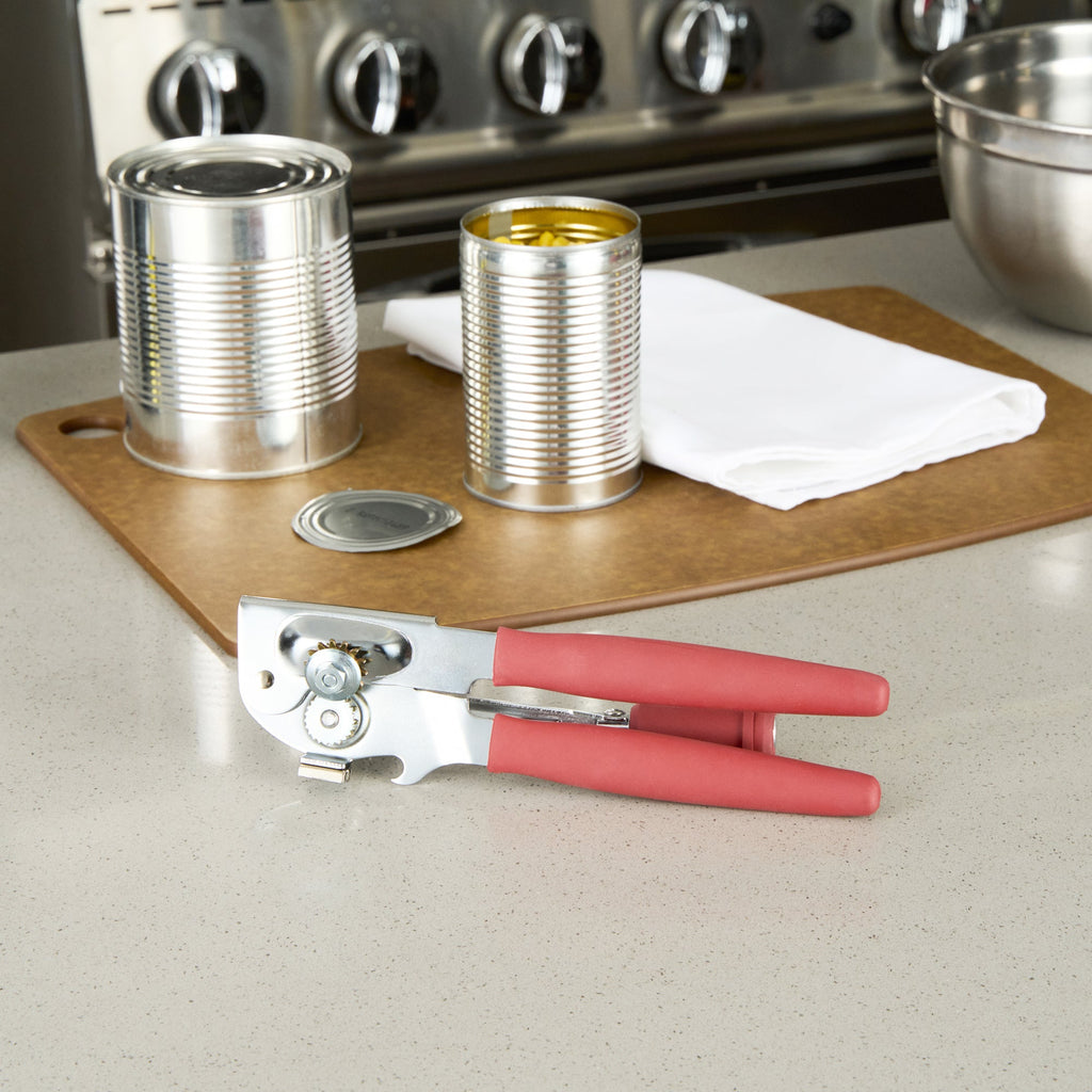German Standard Red Carbon Steel Handheld Crank Can Opener - Magnetic Lid Lifter, Long Handles - 8 3/4" x 2 1/4" x 3 1/2" - 1 count box