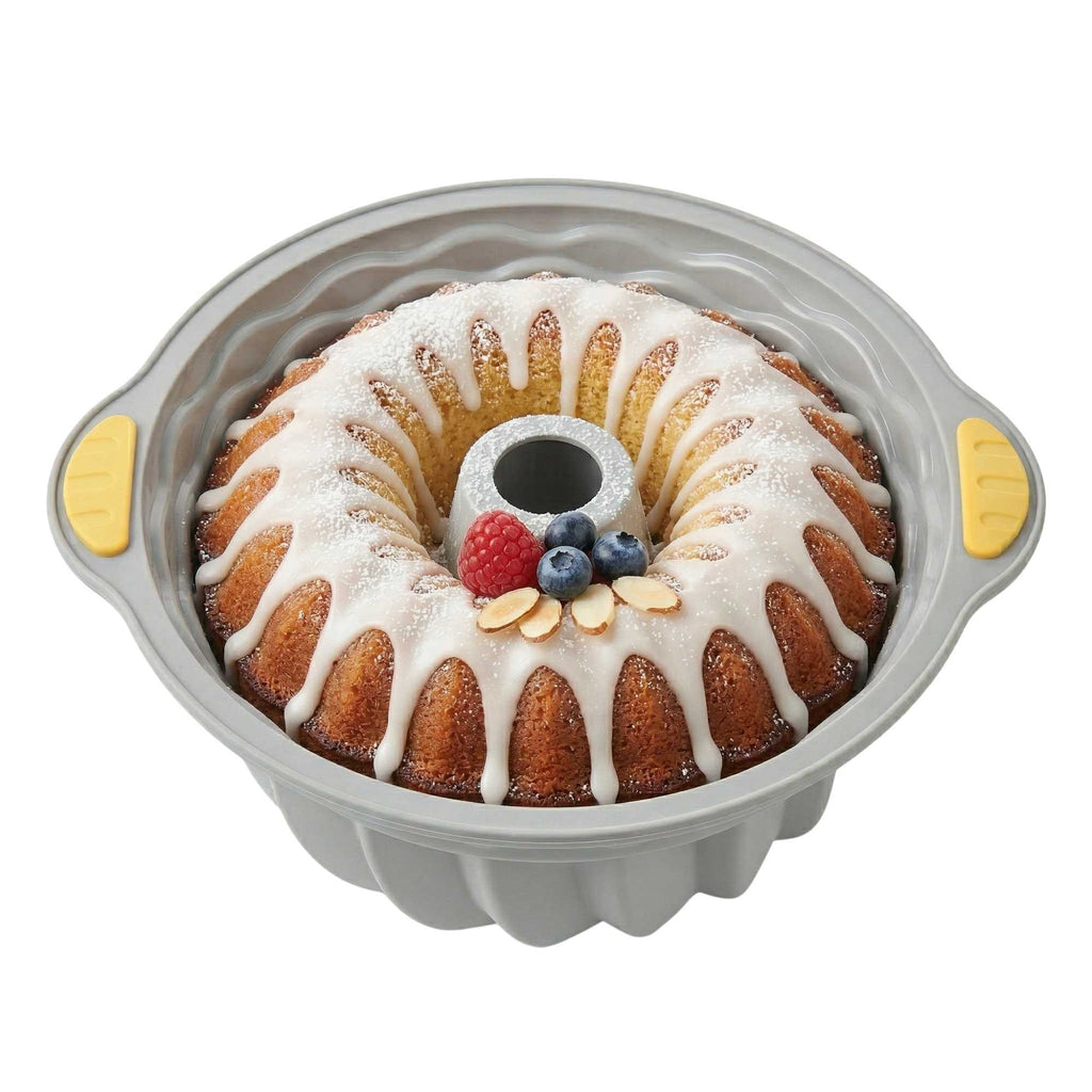 Pastry Tek Gray Silicone Kugelhopf / Fluted Bundt Cake Pan - Non-Stick, with Handles - 11 1/4" x 10 1/4" x 4" - 1 count box