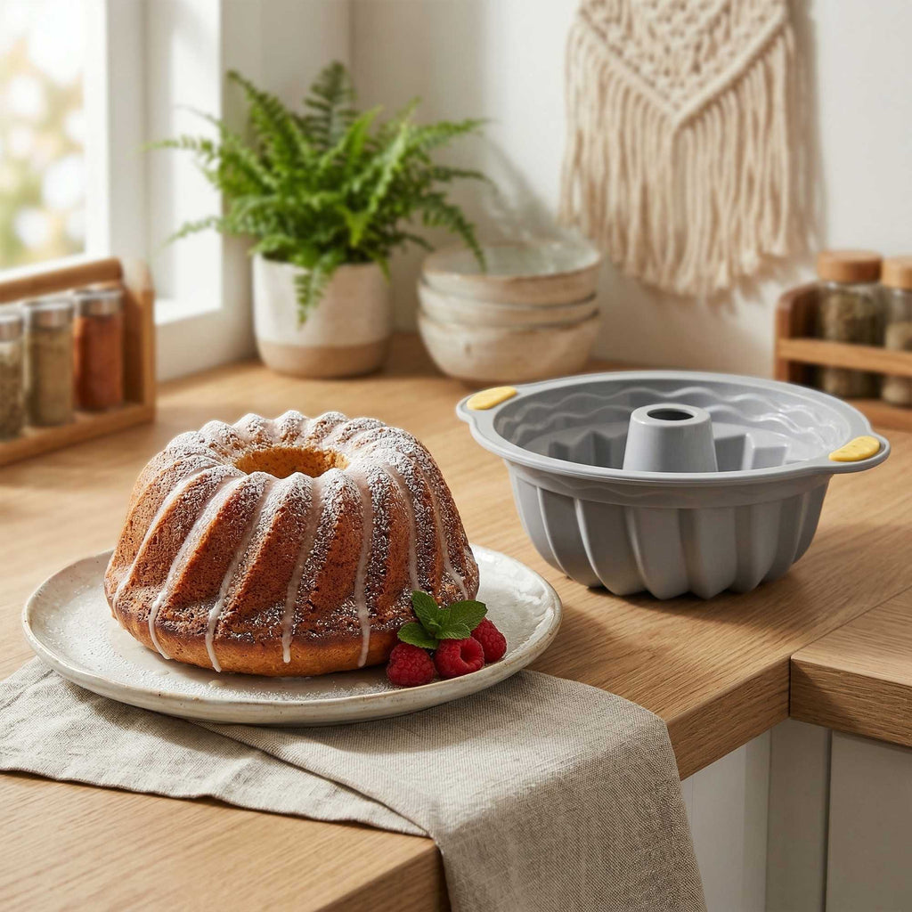 Pastry Tek Gray Silicone Kugelhopf / Fluted Bundt Cake Pan - Non-Stick, with Handles - 11 1/4" x 10 1/4" x 4" - 1 count box