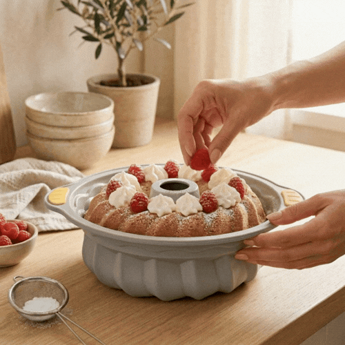 Pastry Tek Gray Silicone Kugelhopf / Fluted Bundt Cake Pan - Non-Stick, with Handles - 11 1/4" x 10 1/4" x 4" - 4 count box