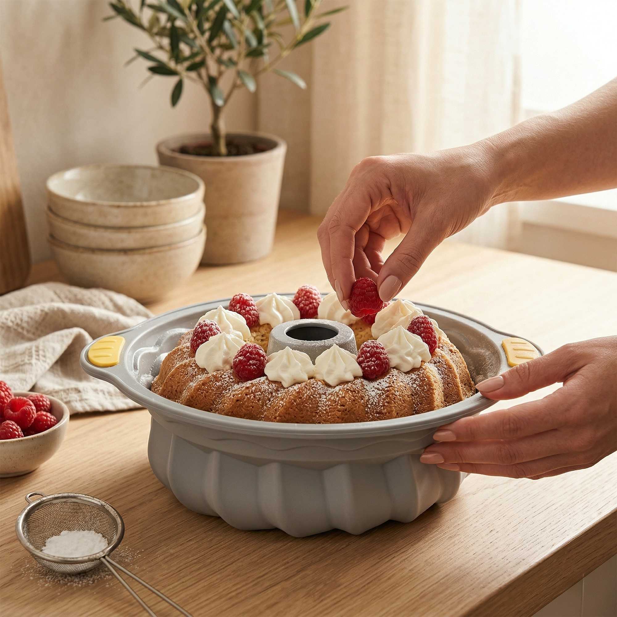 Pastry Tek Gray Silicone Kugelhopf / Fluted Bundt Cake Pan - Non-Stick, with Handles - 11 1/4" x 10 1/4" x 4" - 8 count box