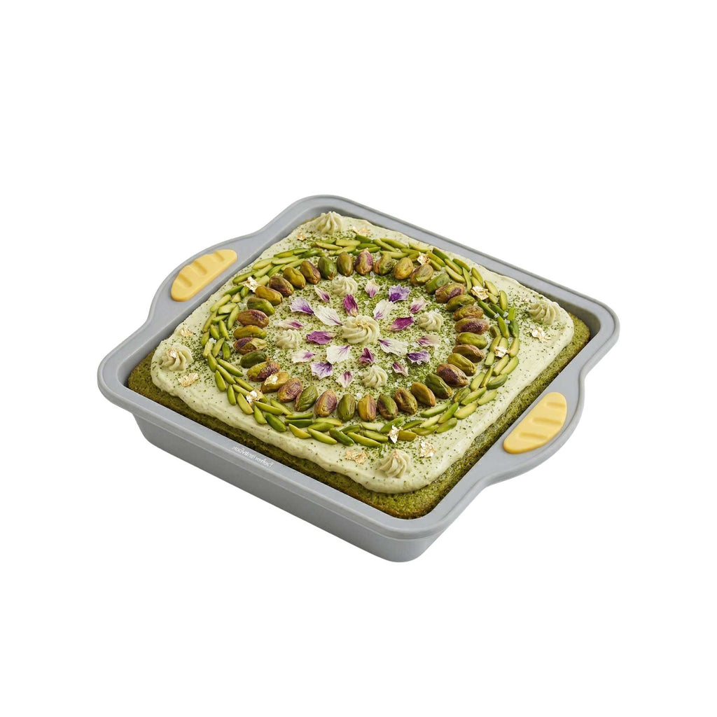 Pastry Tek Square Gray Silicone Cake Pan - Non-Stick, with Handles - 9 3/4" x 8 1/2" x 1 3/4" - 1 count box