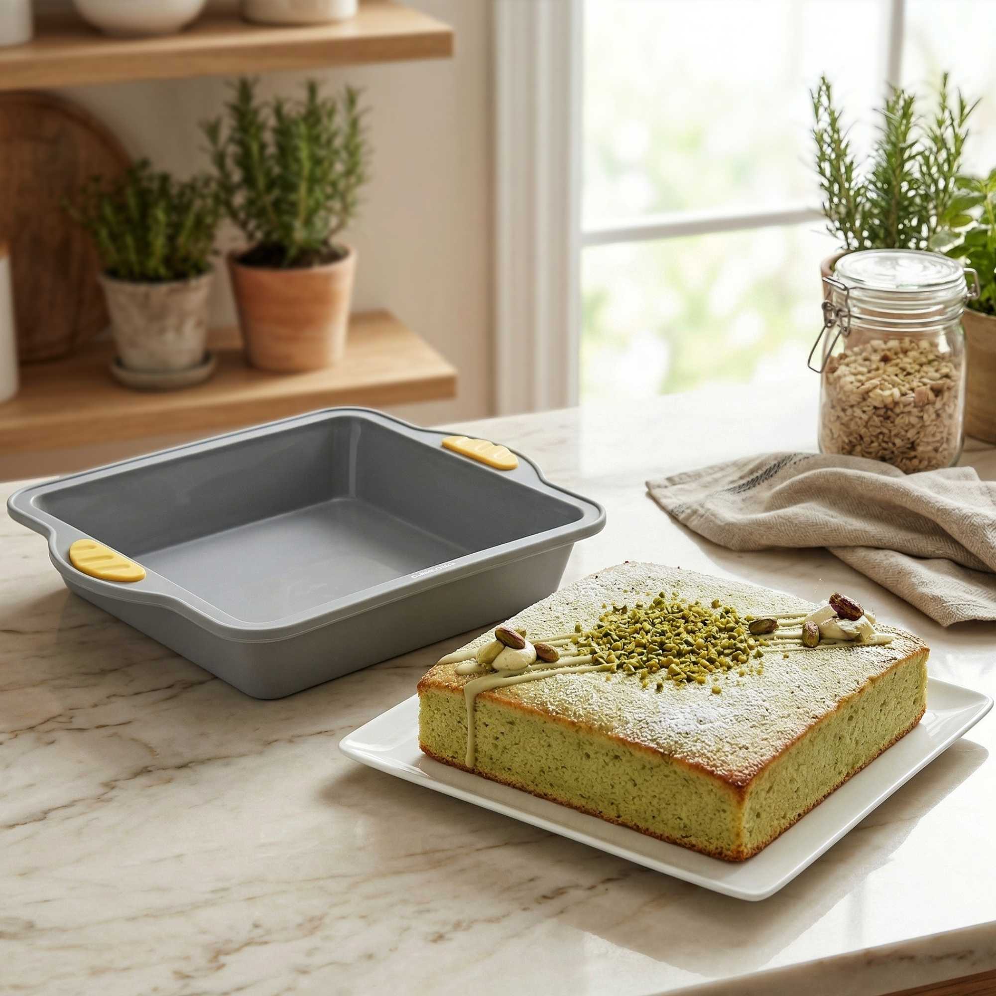 Pastry Tek Square Gray Silicone Cake Pan - Non-Stick, with Handles - 9 3/4" x 8 1/2" x 1 3/4" - 1 count box