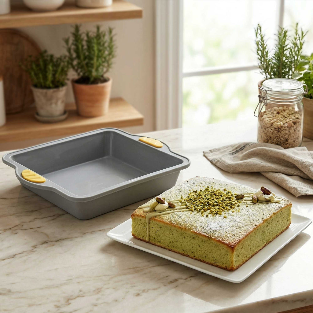 Pastry Tek Square Gray Silicone Cake Pan - Non-Stick, with Handles - 9 3/4" x 8 1/2" x 1 3/4" - 10 count box