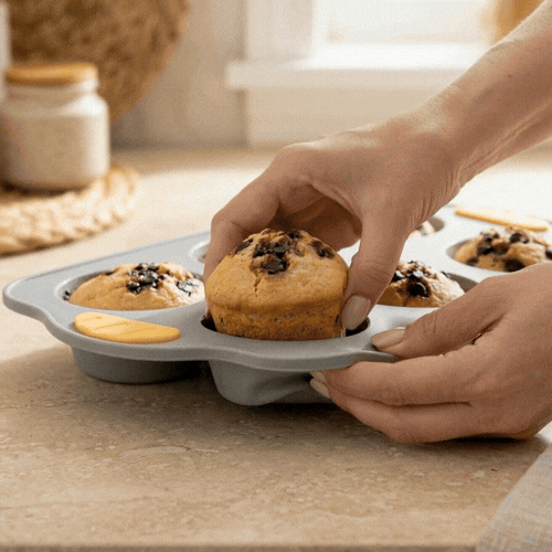Pastry Tek Gray Silicone Muffin / Cupcake Pan - 6 Compartments, Non-Stick, with Handles - 11 1/2" x 7" x 1 1/2" - 1 count box