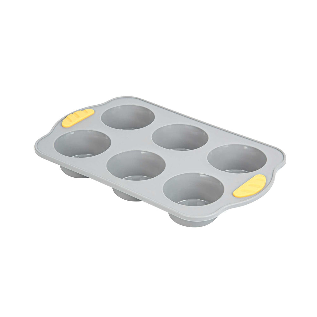 Pastry Tek Gray Silicone Muffin / Cupcake Pan - 6 Compartments, Non-Stick, with Handles - 11 1/2" x 7" x 1 1/2" - 10 count box