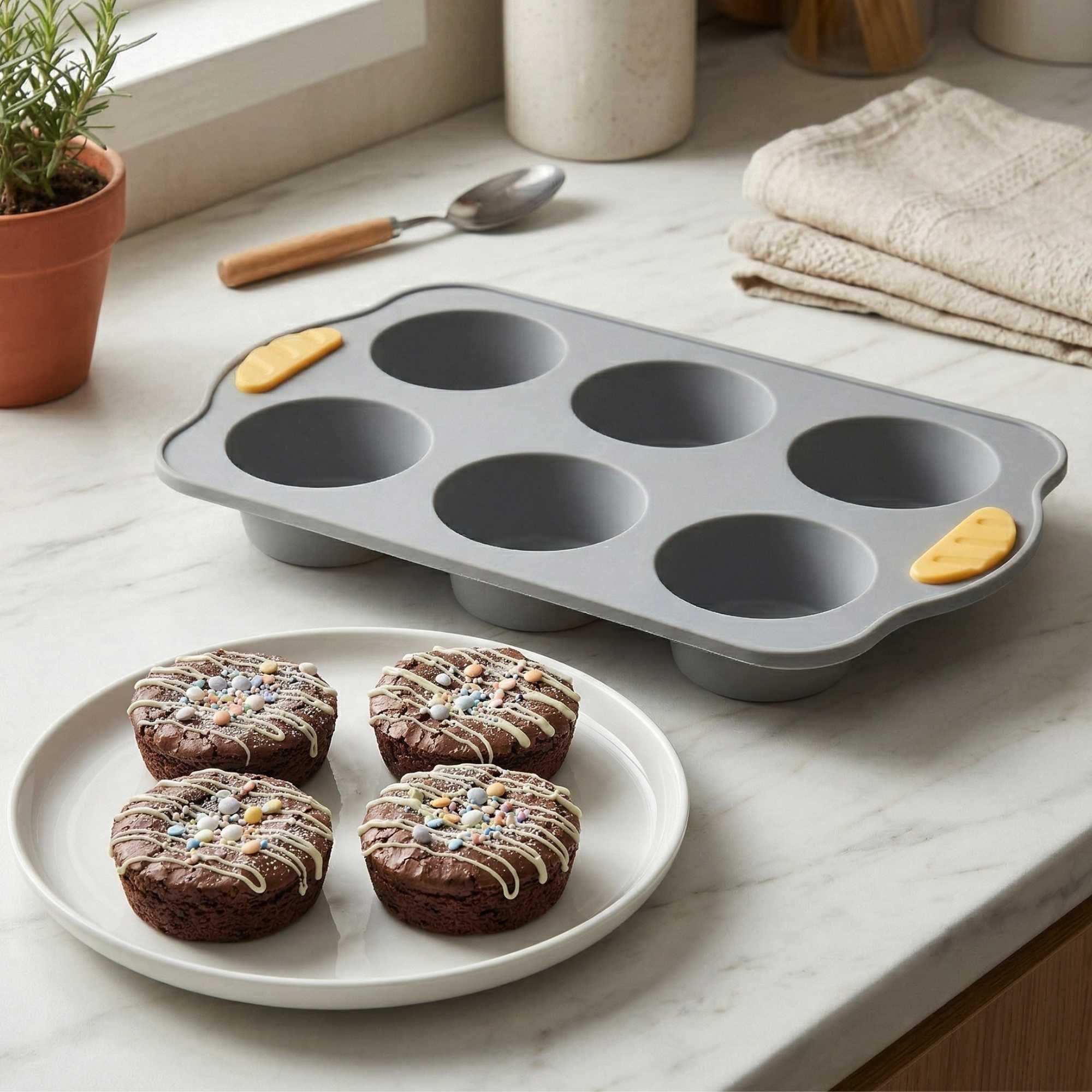 Pastry Tek Gray Silicone Muffin / Cupcake Pan - 6 Compartments, Non-Stick, with Handles - 11 1/2" x 7" x 1 1/2" - 10 count box