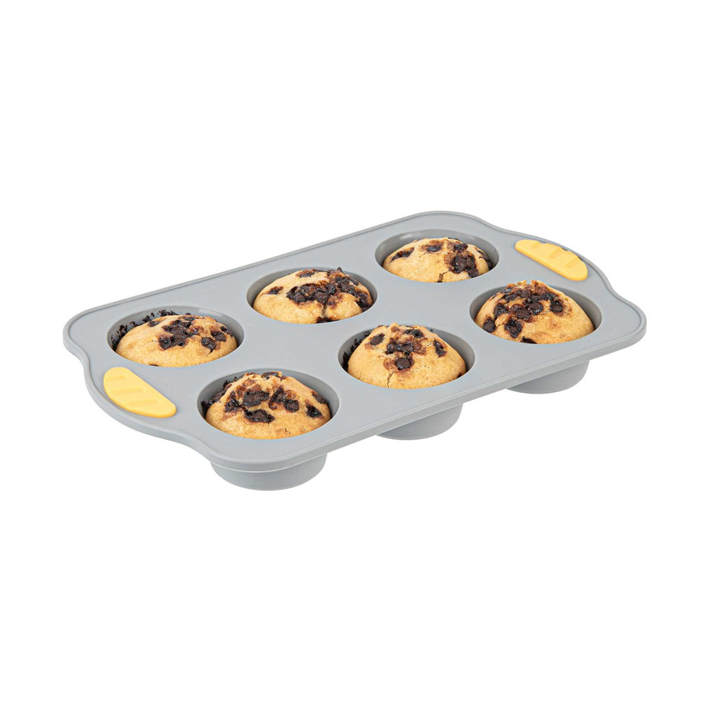 Pastry Tek Gray Silicone Muffin / Cupcake Pan - 6 Compartments, Non-Stick, with Handles - 11 1/2" x 7" x 1 1/2" - 10 count box