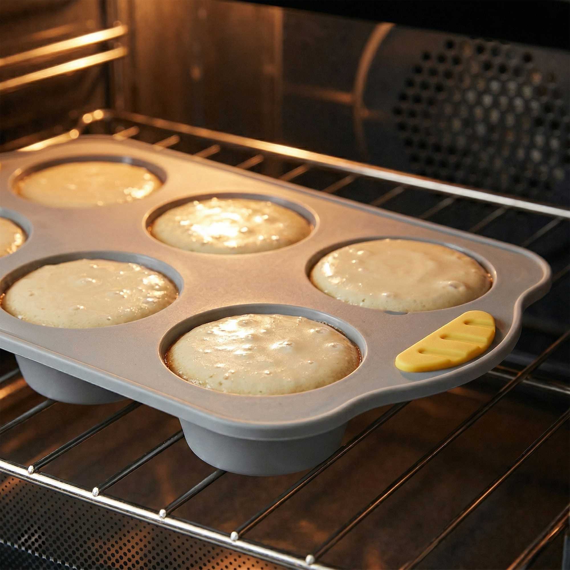 Pastry Tek Gray Silicone Muffin / Cupcake Pan - 6 Compartments, Non-Stick, with Handles - 11 1/2" x 7" x 1 1/2" - 10 count box
