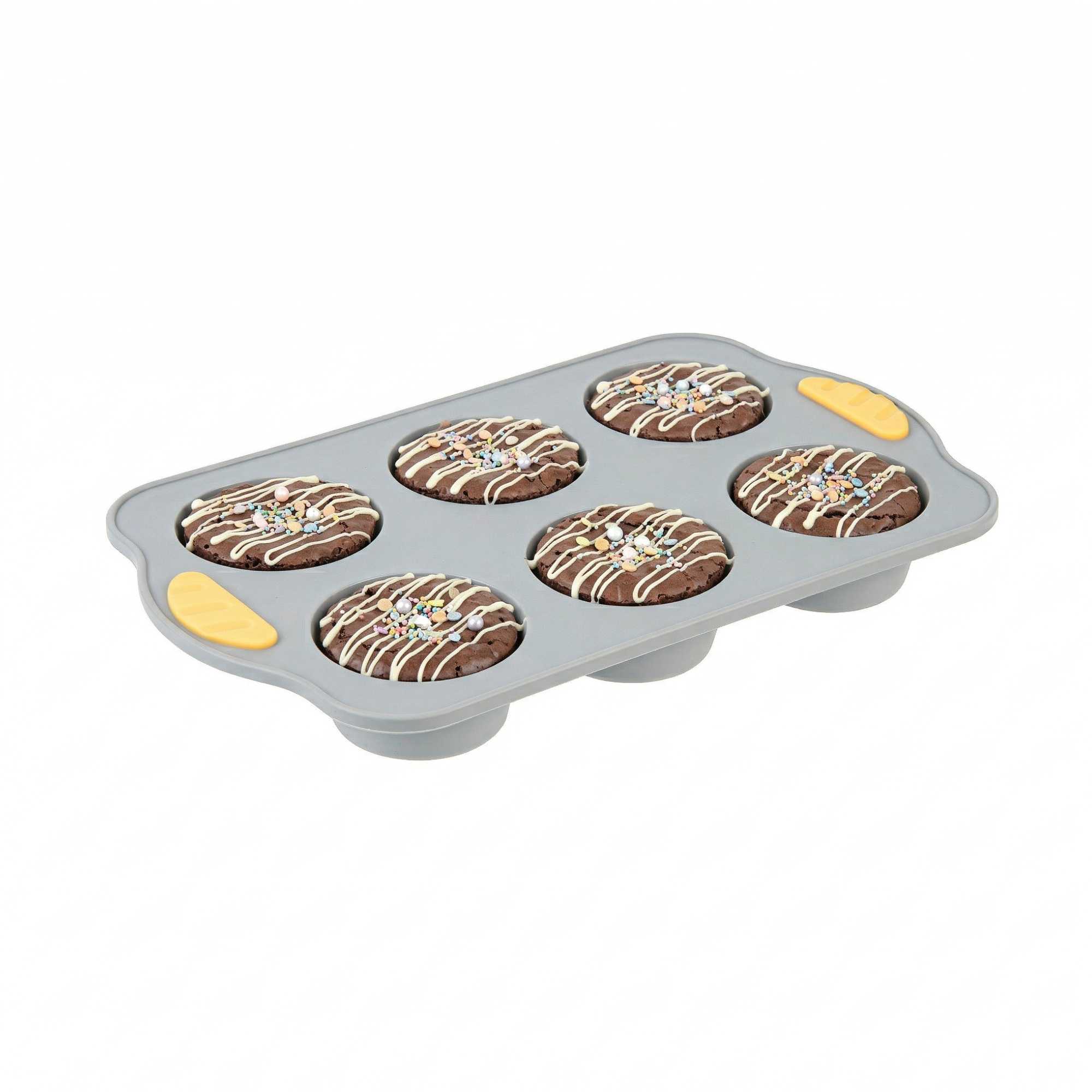 Pastry Tek Gray Silicone Muffin / Cupcake Pan - 6 Compartments, Non-Stick, with Handles - 11 1/2" x 7" x 1 1/2" - 40 count box