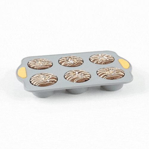 Pastry Tek Gray Silicone Muffin / Cupcake Pan - 6 Compartments, Non-Stick, with Handles - 11 1/2" x 7" x 1 1/2" - 40 count box