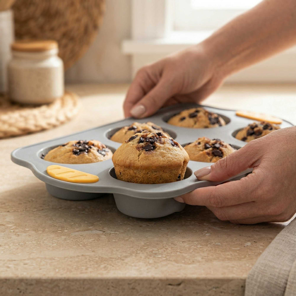 Pastry Tek Gray Silicone Muffin / Cupcake Pan - 6 Compartments, Non-Stick, with Handles - 11 1/2" x 7" x 1 1/2" - 40 count box