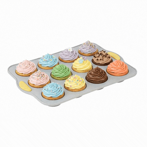 Pastry Tek Gray Silicone Muffin / Cupcake Pan - 12 Compartments, Non-Stick, with Handles - 13" x 9 1/4" x 1 1/4" - 1 count box