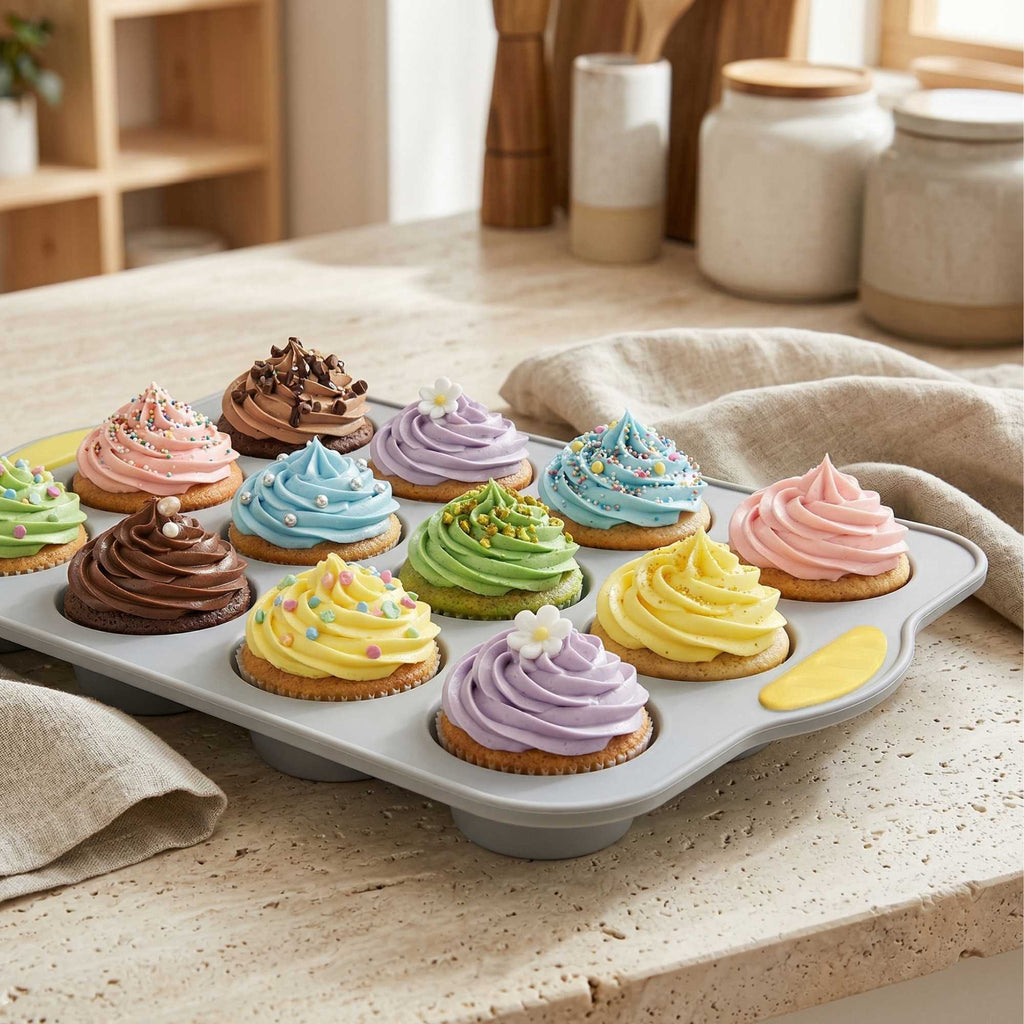 Pastry Tek Gray Silicone Muffin / Cupcake Pan - 12 Compartments, Non-Stick, with Handles - 13" x 9 1/4" x 1 1/4" - 10 count box