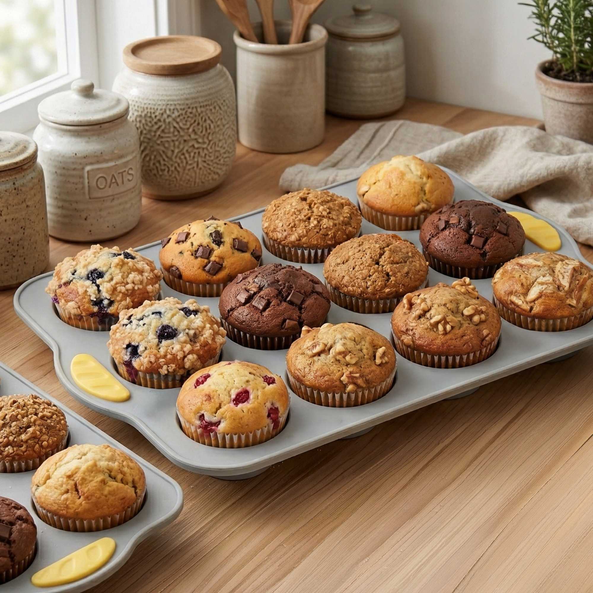 Pastry Tek Gray Silicone Muffin / Cupcake Pan - 12 Compartments, Non-Stick, with Handles - 13" x 9 1/4" x 1 1/4" - 10 count box