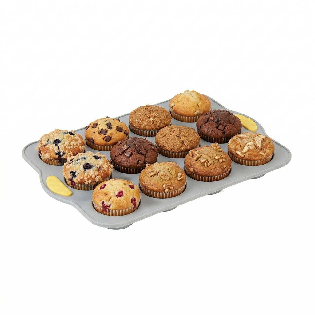 Pastry Tek Gray Silicone Muffin / Cupcake Pan - 12 Compartments, Non-Stick, with Handles - 13" x 9 1/4" x 1 1/4" - 40 count box