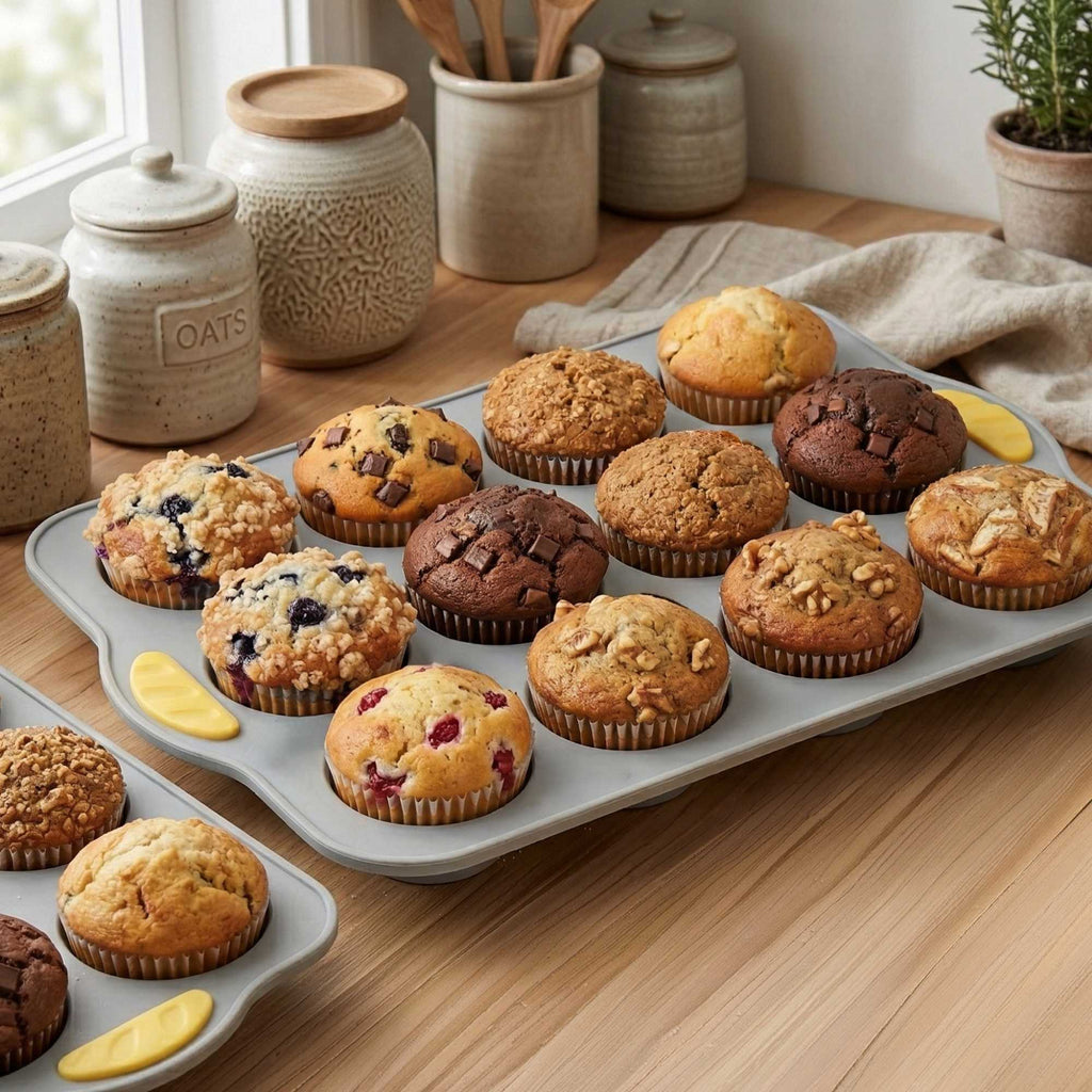 Pastry Tek Gray Silicone Muffin / Cupcake Pan - 12 Compartments, Non-Stick, with Handles - 13" x 9 1/4" x 1 1/4" - 40 count box
