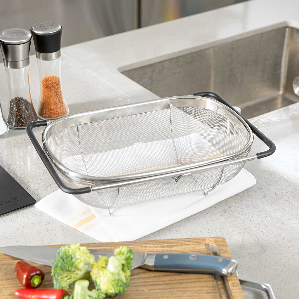 Met Lux 6 qt Stainless Steel Over-The-Sink Colander - Expandable Handles, Extra Fine Mesh - 14 1/4" x 9 3/4" x 4 1/4" - 1 count box