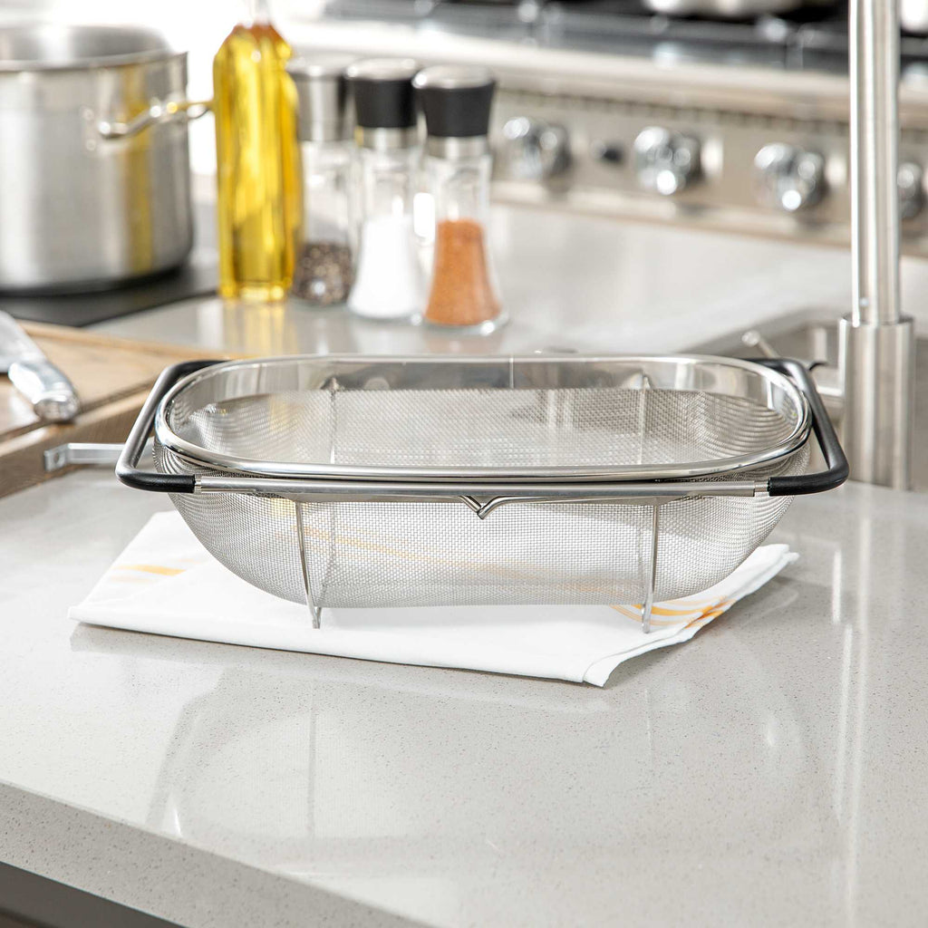 Met Lux 6 qt Stainless Steel Over-The-Sink Colander - Expandable Handles, Extra Fine Mesh - 14 1/4" x 9 3/4" x 4 1/4" - 1 count box