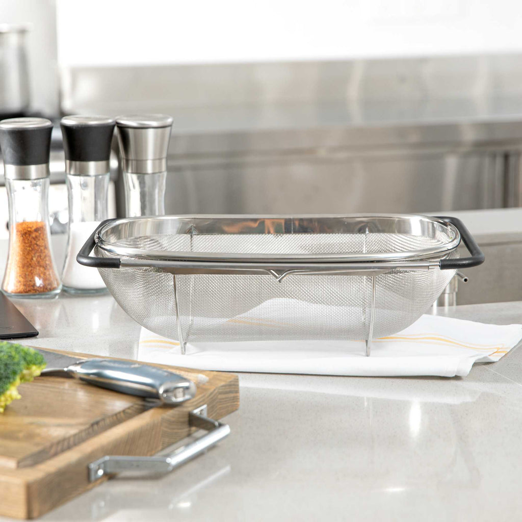 Met Lux 6 qt Stainless Steel Over-The-Sink Colander - Expandable Handles, Extra Fine Mesh - 14 1/4" x 9 3/4" x 4 1/4" - 1 count box