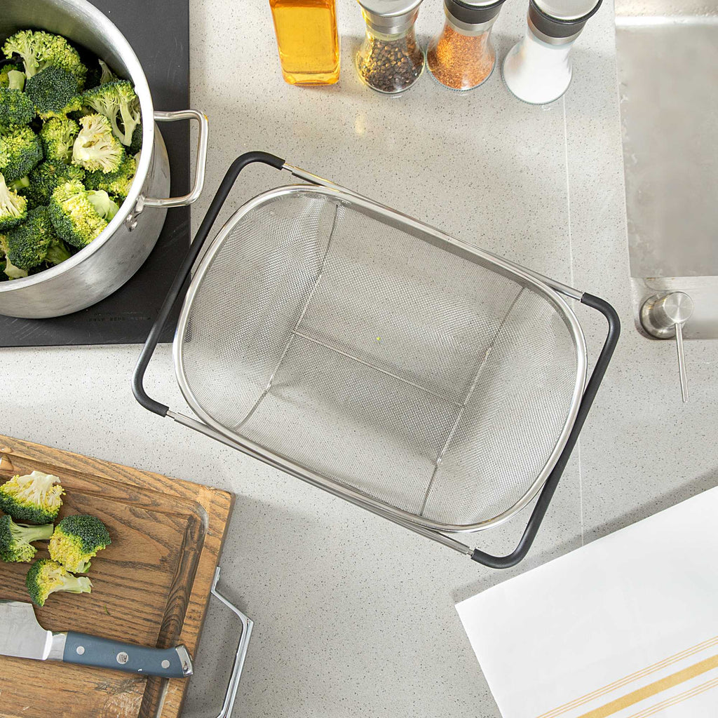 Met Lux 6 qt Stainless Steel Over-The-Sink Colander - Expandable Handles, Extra Fine Mesh - 14 1/4" x 9 3/4" x 4 1/4" - 1 count box