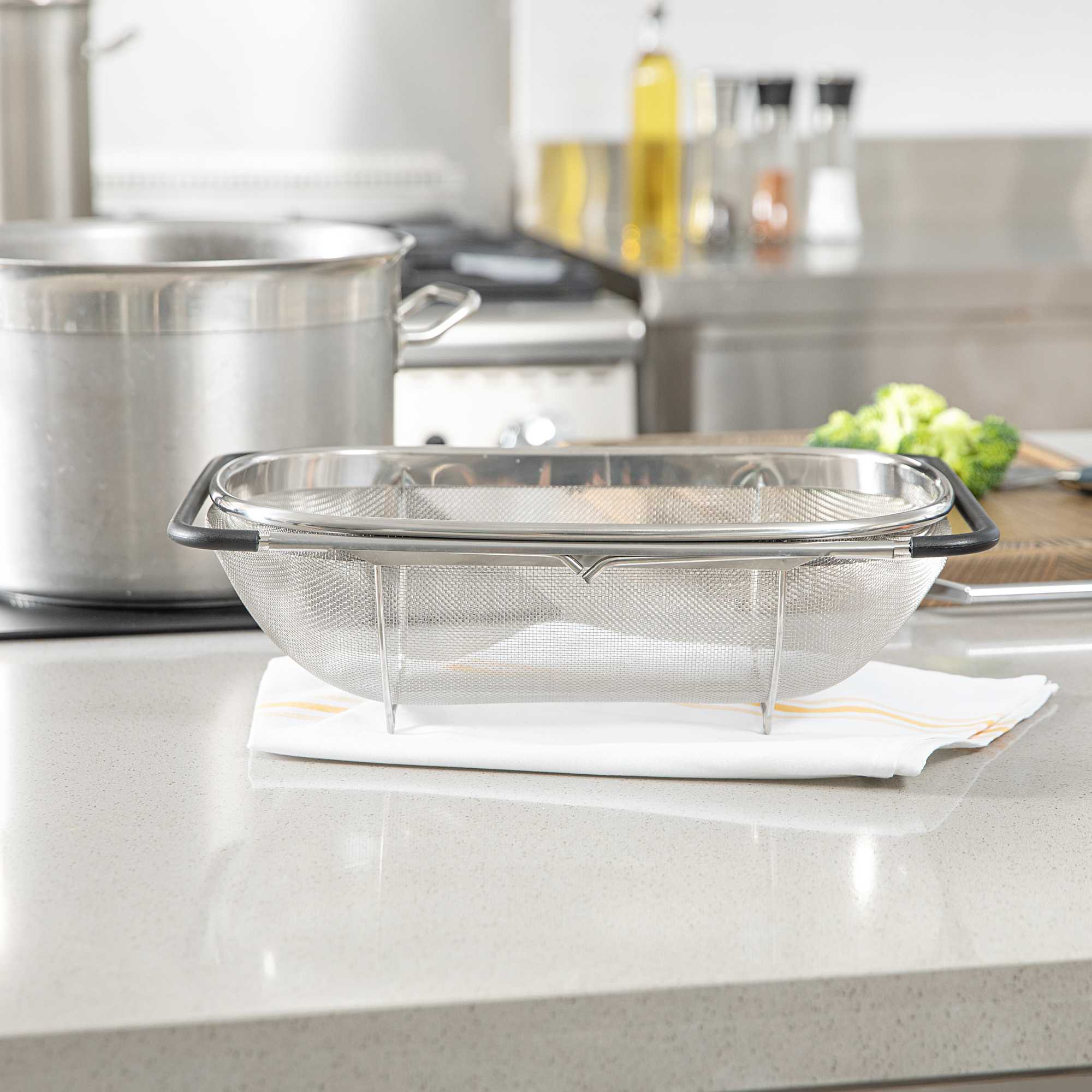 Met Lux 6 qt Stainless Steel Over-The-Sink Colander - Expandable Handles, Extra Fine Mesh - 14 1/4" x 9 3/4" x 4 1/4" - 1 count box